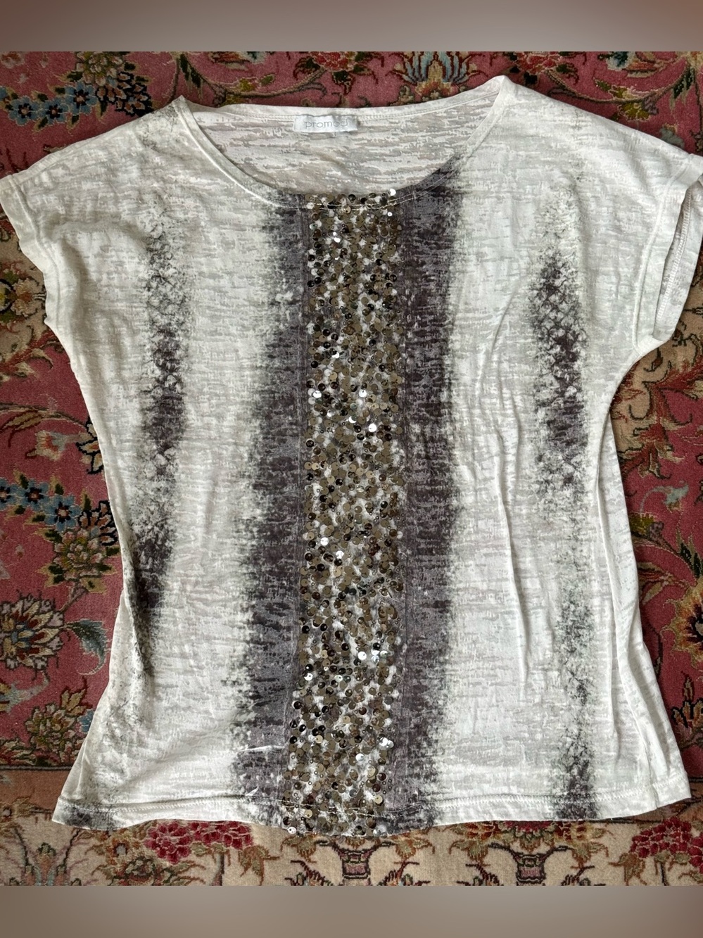 Sequin-Embellished Striped Tee - White, Gray & silver, M, cotton blende , Promod